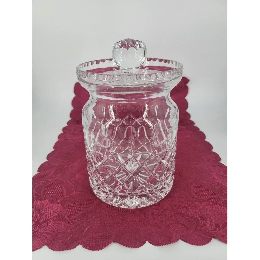 Vintage Lead Crystal Biscuit Barrel Apothecary‎ Jar Diamond Cut Glass with Lid